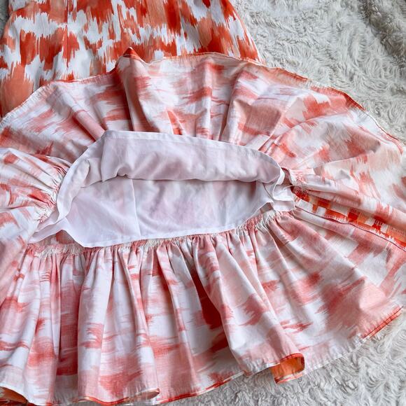 Cache strapless coral orange abstract print mini dress ruffle hem Y2K vintage 4 - Picture 10 of 16